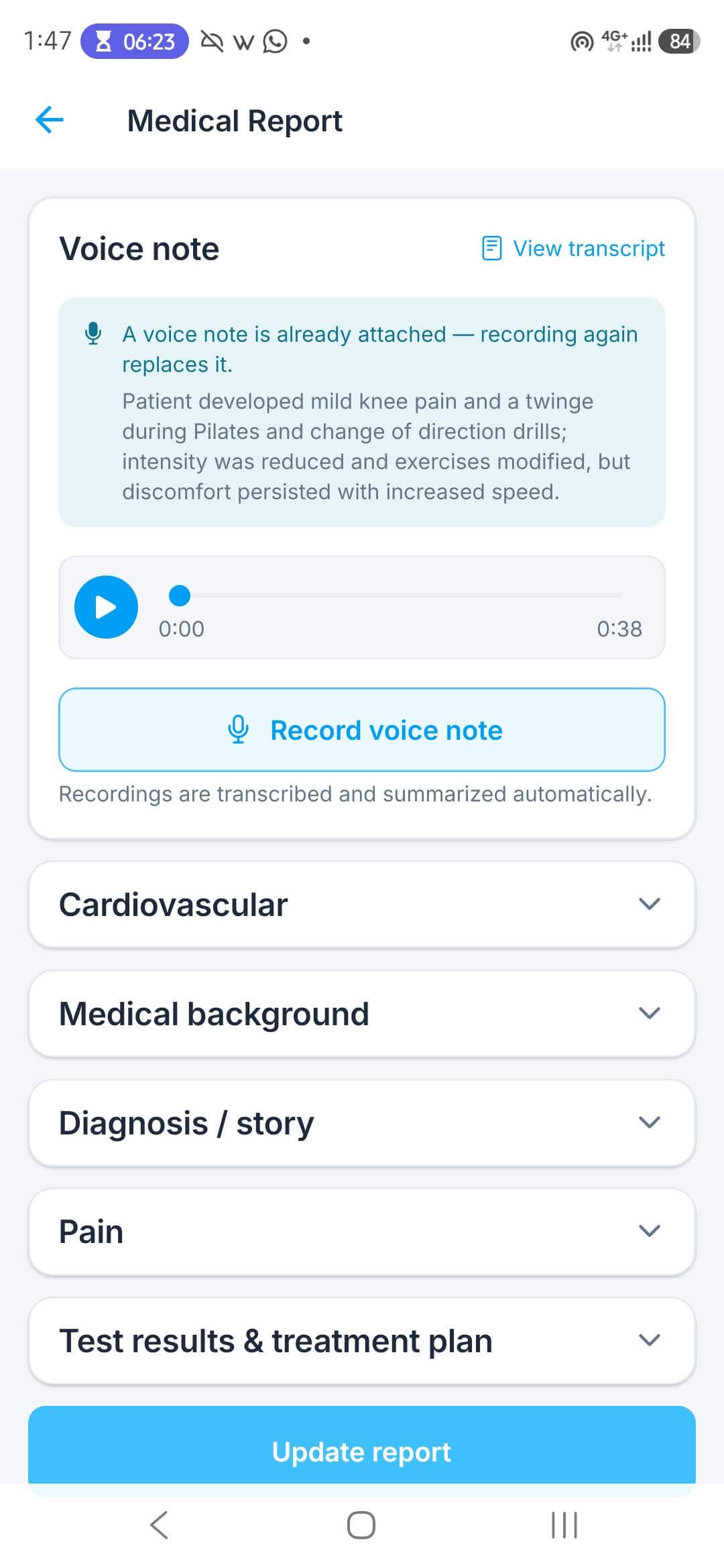 CareFlow mobile app — Fill report screen